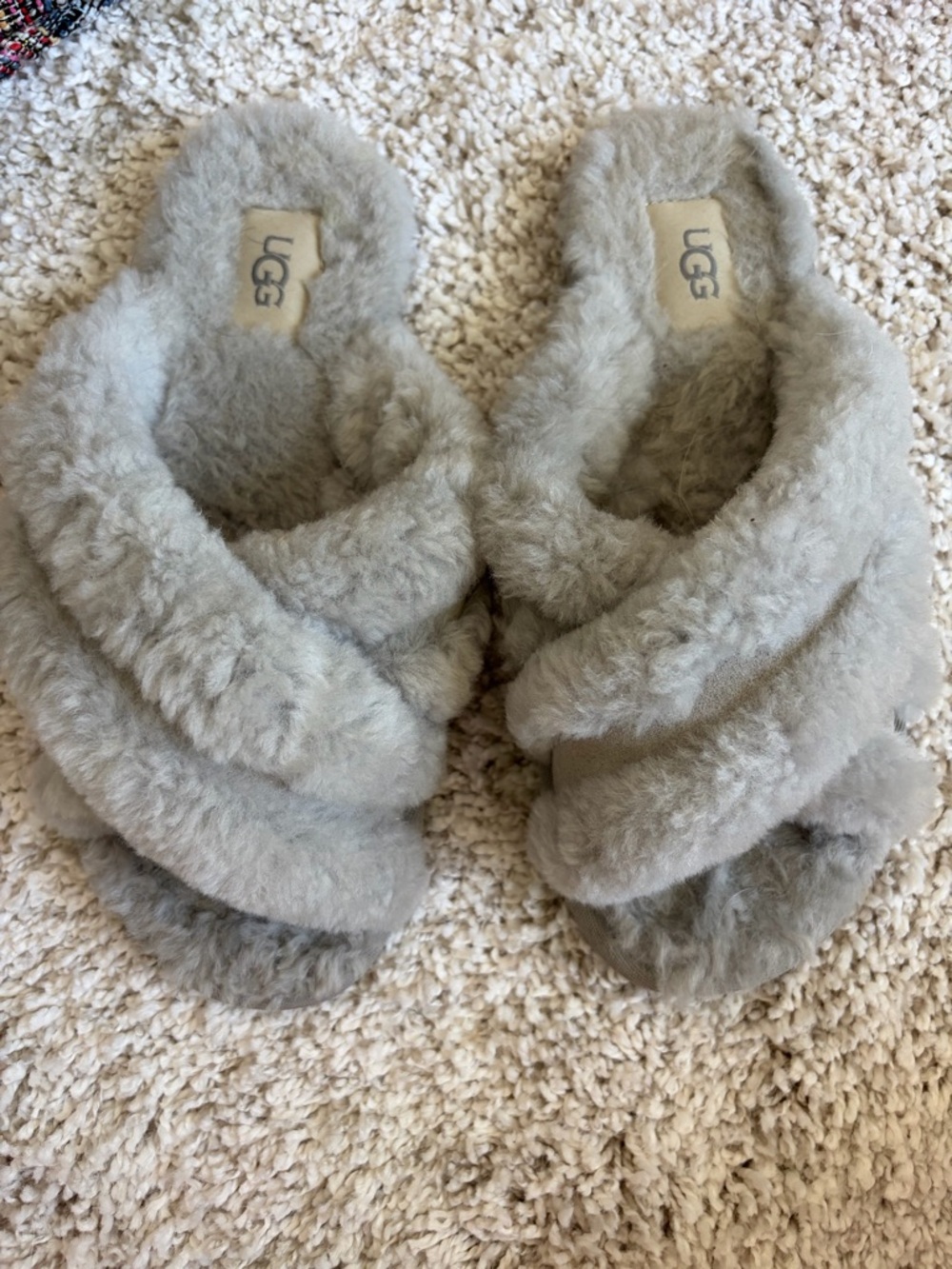 UGG Plush Sheepskin Cross-Band Slides in Gray